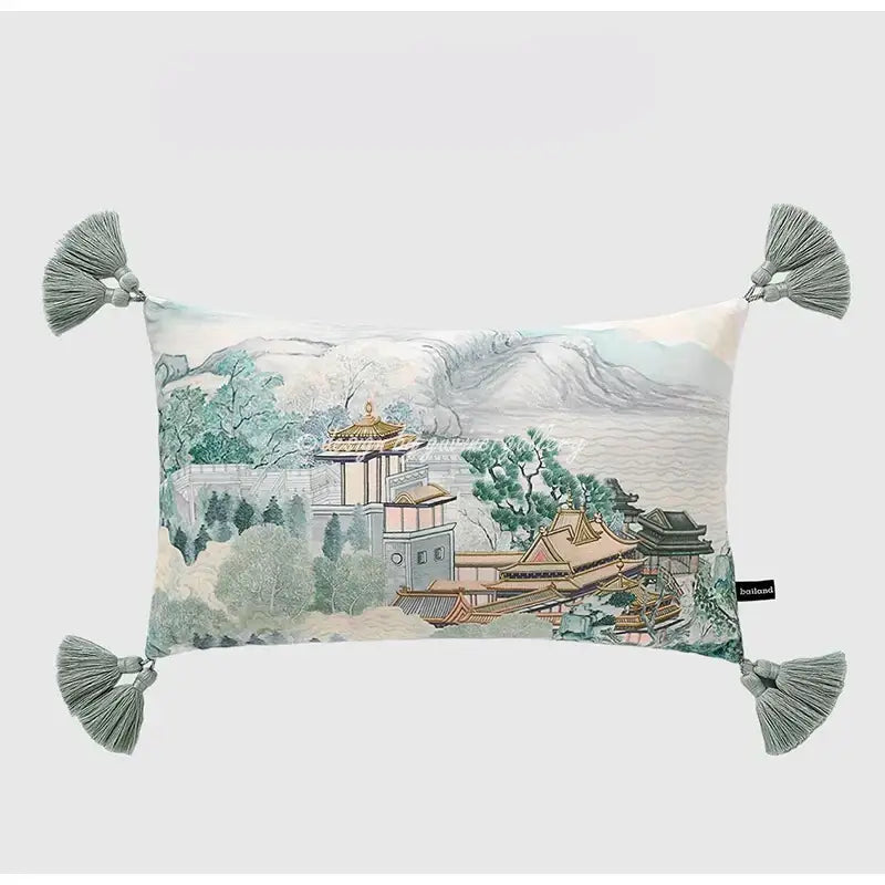 DecorBites™ Chinese City Landscape Velvet Lumbar Pillow Cover with Tassels, 30x50cm