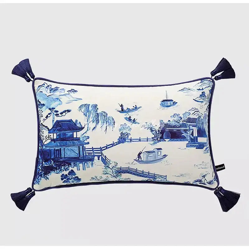 DecorBites™ Chinese City Landscape Velvet Lumbar Pillow Cover with Tassels, 30x50cm
