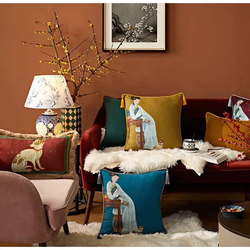 غطاء وسادة DecorBites™ بطبعة نسائية كلاسيكية صينية مع شراشيب