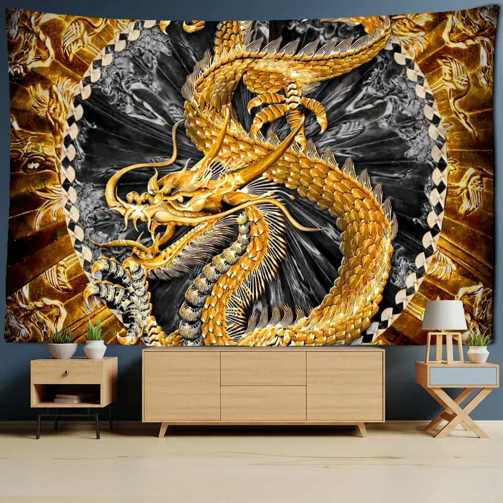 DecorBites™ Chinese Dragon Castle Totem Tapestry Wall Hanging Beach Mat Tapis Decor