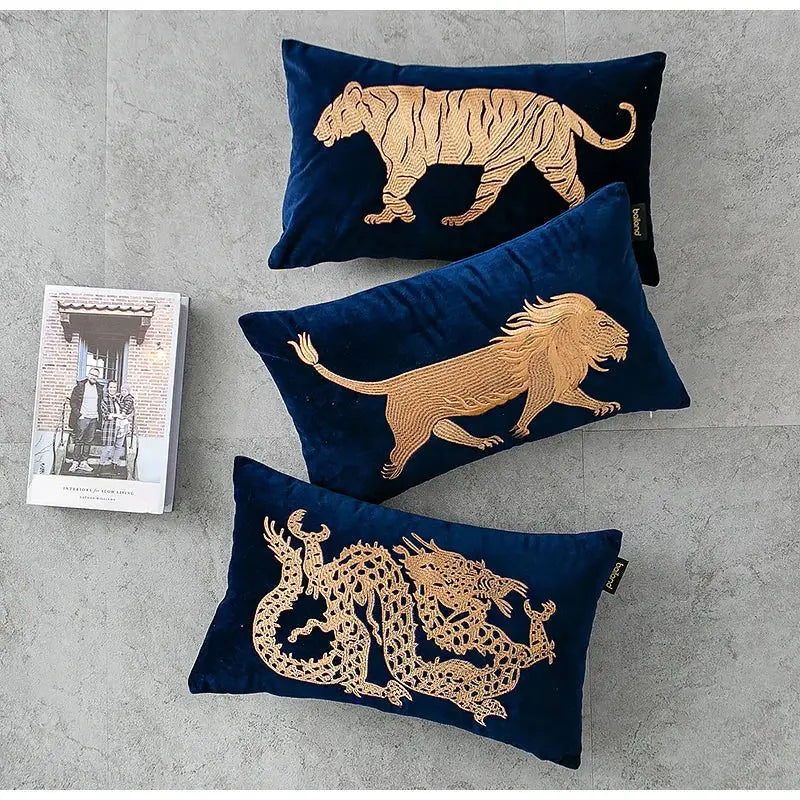 DecorBites™ Chinese Dragon Embroidery Lumbar Pillow Cover Gold