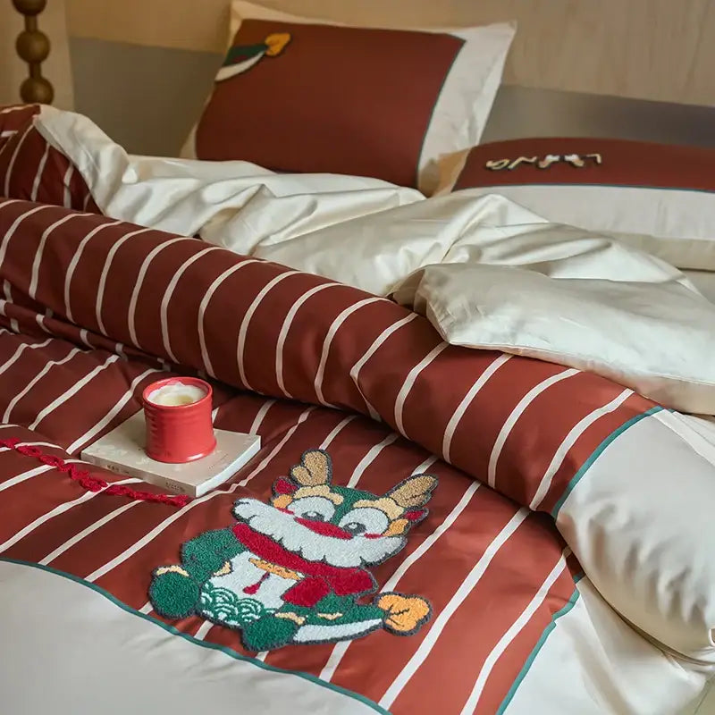 DecorBites™ Chinese Embroidered Cotton Bedding Set: King Size Duvet Cover, Sheet, Quilt Cover