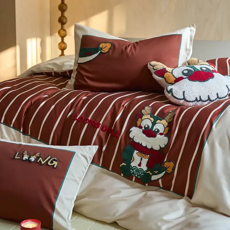 DecorBites™ Chinese Embroidered Cotton Bedding Set: King Size Duvet Cover, Sheet, Quilt Cover