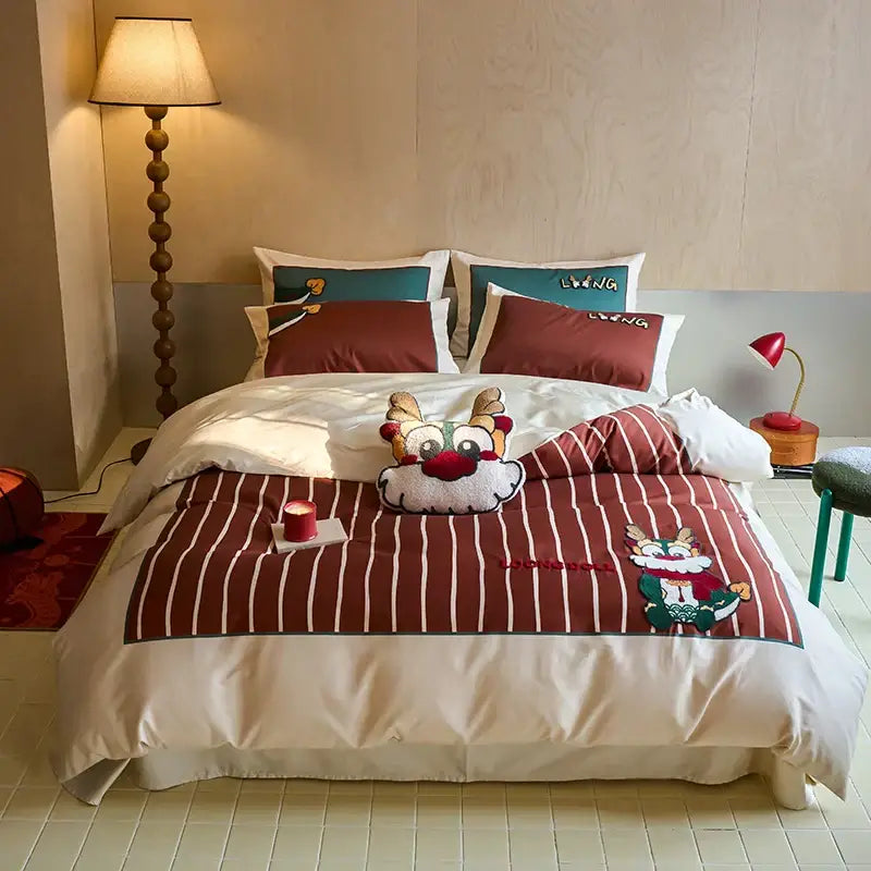 DecorBites™ Chinese Embroidered Cotton Bedding Set: King Size Duvet Cover, Sheet, Quilt Cover
