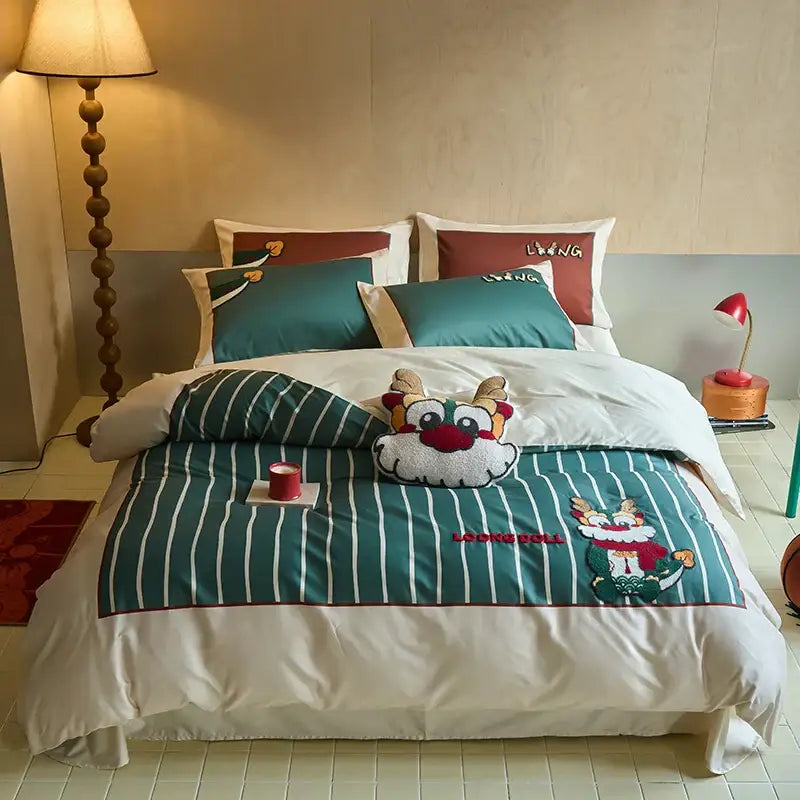 DecorBites™ Chinese Embroidered Cotton Bedding Set: King Size Duvet Cover, Sheet, Quilt Cover