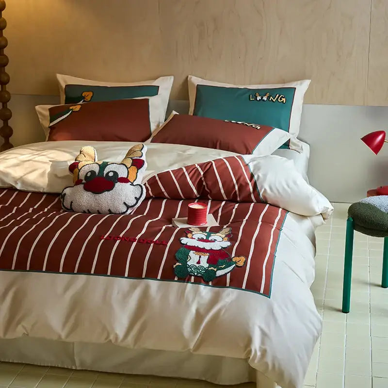 DecorBites™ Chinese Embroidered Cotton Bedding Set: King Size Duvet Cover, Sheet, Quilt Cover