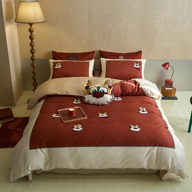 DecorBites™ Chinese Embroidered Cotton Bedding Set: King Size Duvet Cover, Sheet, Quilt Cover