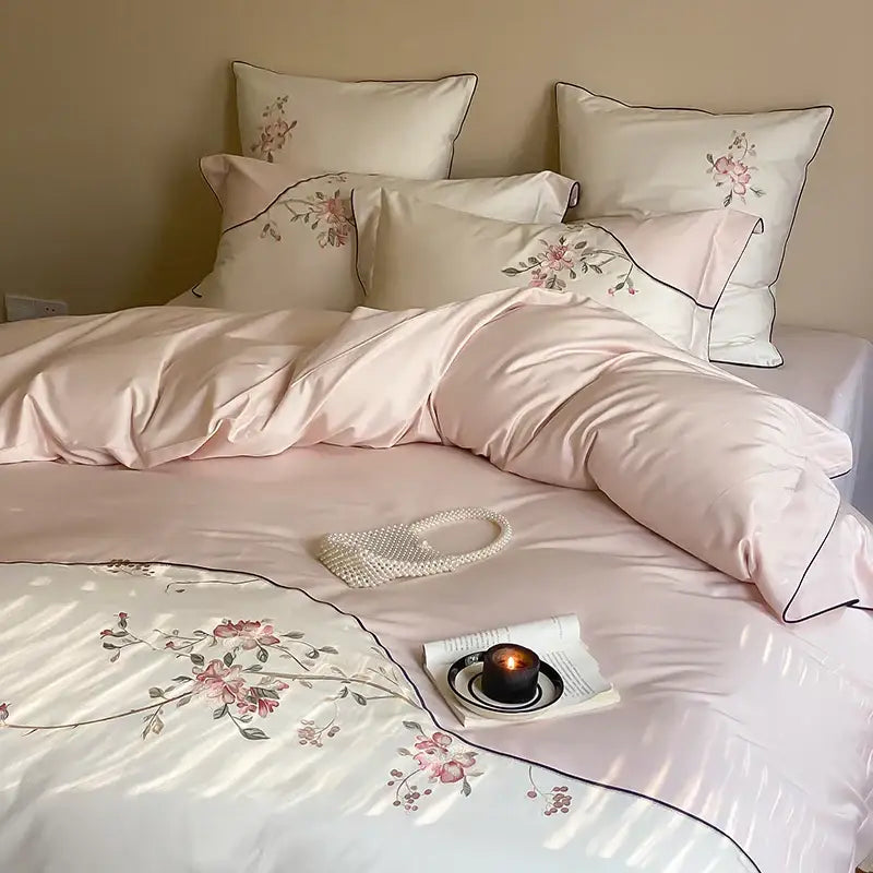 DecorBites™ Chinese Flowers Embroidery Luxury Bedding Set - 1000TC Egyptian Cotton Duvet Cover, Flat Sheet, Fitted Sheet, Pillowcases