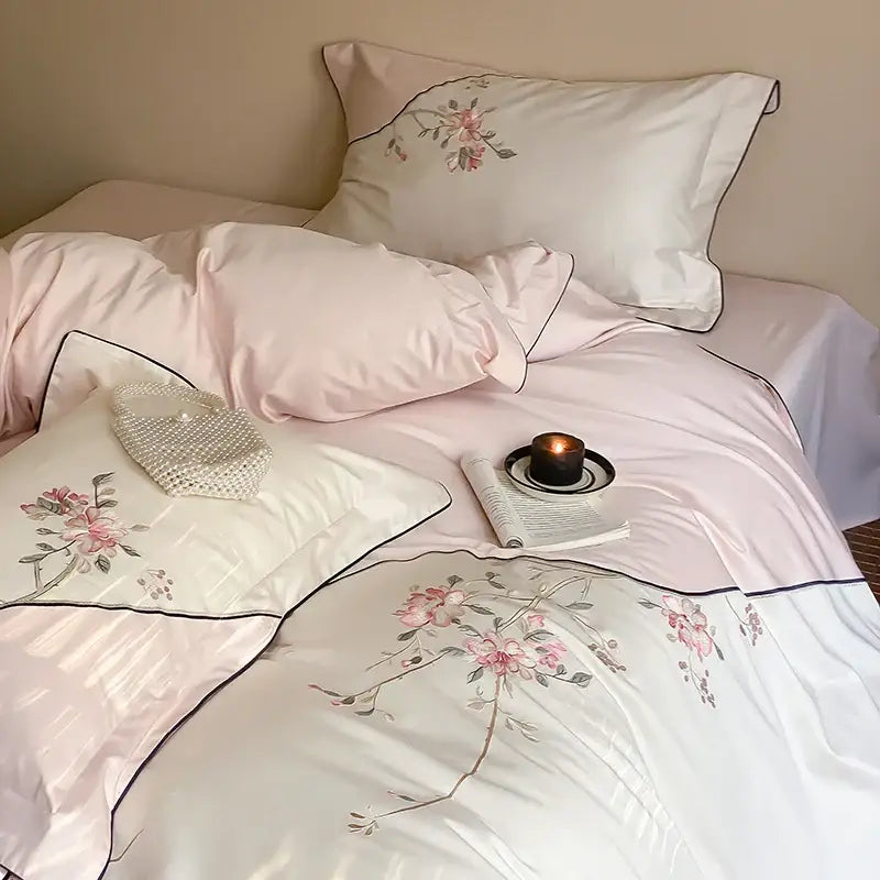 DecorBites™ Chinese Flowers Embroidery Luxury Bedding Set - 1000TC Egyptian Cotton Duvet Cover, Flat Sheet, Fitted Sheet, Pillowcases
