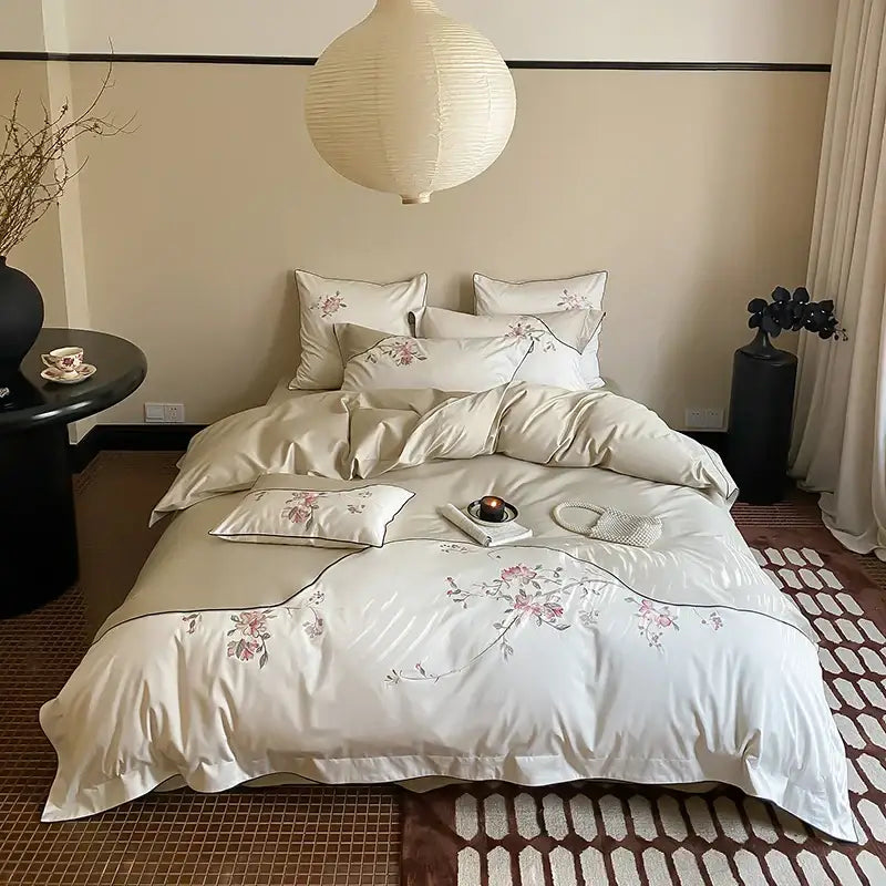 DecorBites™ Chinese Flowers Embroidery Luxury Bedding Set - 1000TC Egyptian Cotton Duvet Cover, Flat Sheet, Fitted Sheet, Pillowcases