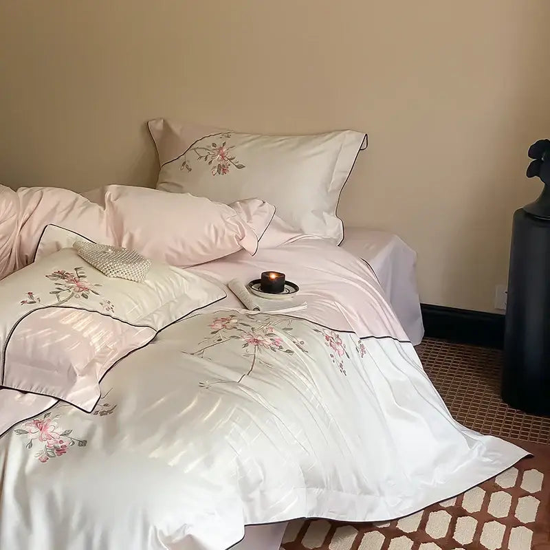 DecorBites™ Chinese Flowers Embroidery Luxury Bedding Set - 1000TC Egyptian Cotton Duvet Cover, Flat Sheet, Fitted Sheet, Pillowcases