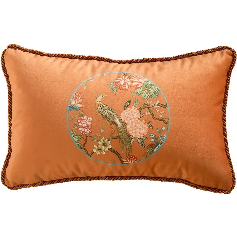 DecorBites™ Chinese Peony Flower & Bird Print Vermilion Pillow Cover