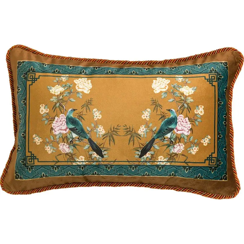 DecorBites™ Chinese Peony Flower & Bird Print Vermilion Pillow Cover