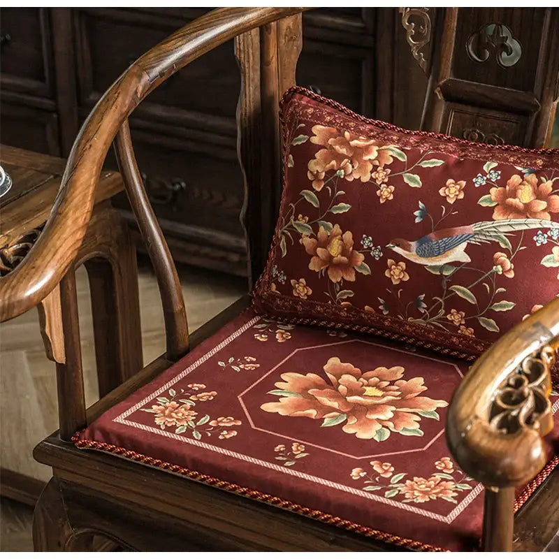 DecorBites™ Chinese Peony Flower & Bird Print Vermilion Pillow Cover