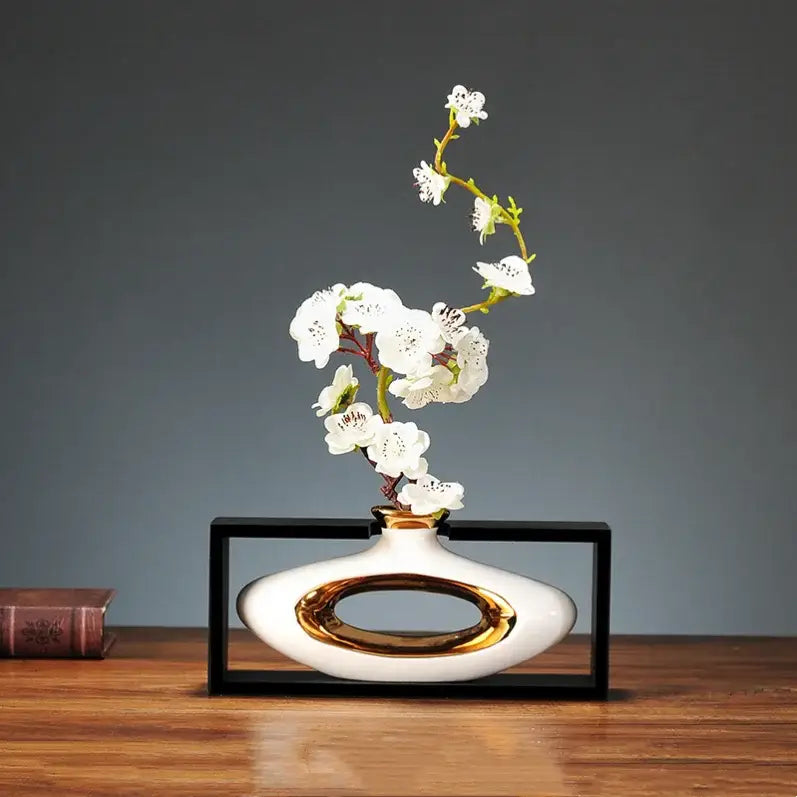 DecorBites™ Chinese Style Ceramic Vase in Wooden Frame for Modern Home Decor