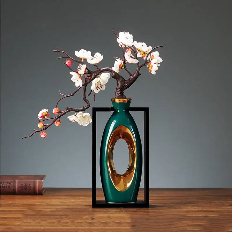 DecorBites™ Chinese Style Ceramic Vase in Wooden Frame for Modern Home Decor