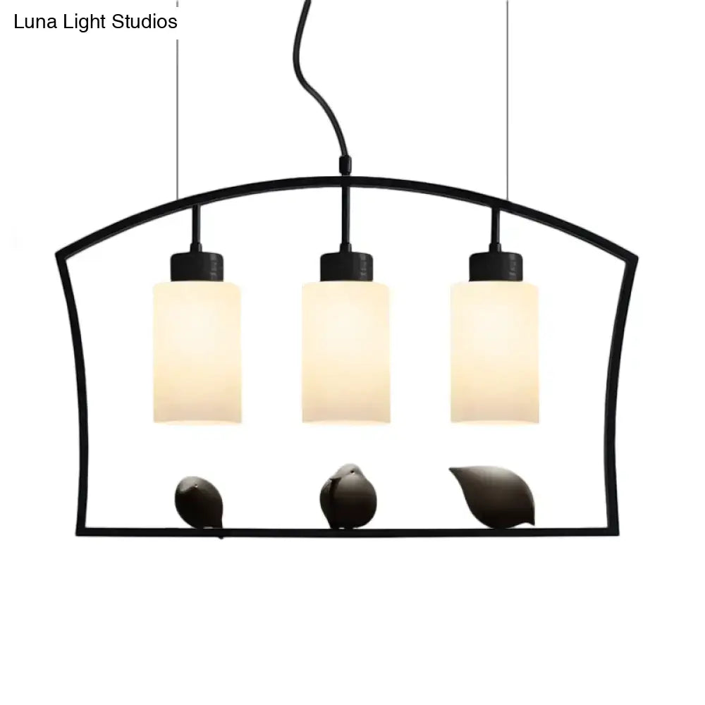 DecorBites™ Chinese Style Cylinder Island Light Fixture - 3-Bulb White Glass Ceiling Lamp with Bird Decor in Black