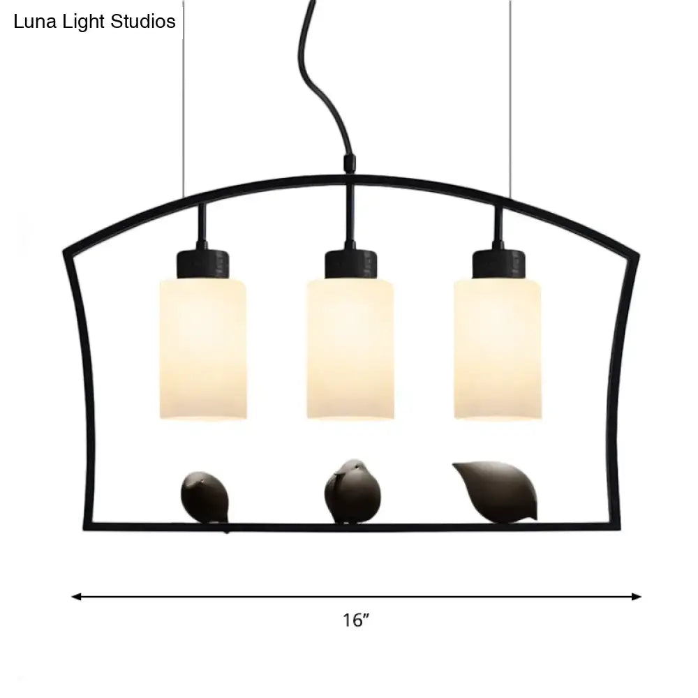 DecorBites™ Chinese Style Cylinder Island Light Fixture - 3-Bulb White Glass Ceiling Lamp with Bird Decor in Black