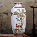 DecorBites™ chinese traditional ceramic vase in white porcelain with hand-painted deer and pine scenes for home decor