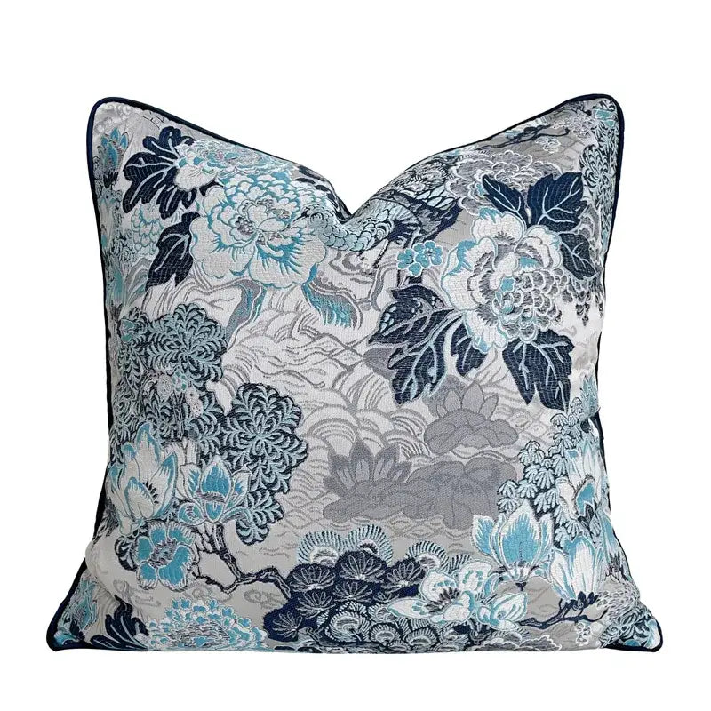 DecorBites™ Chinoiserie Blue Peony Floral Jacquard Cushion Cover - Oriental Art Decor for Sofa