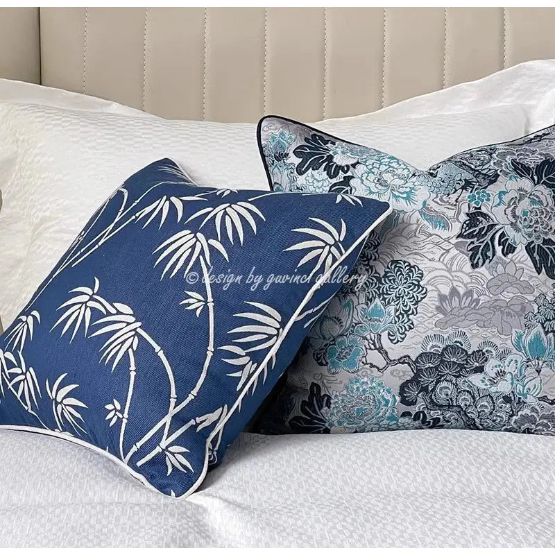 DecorBites™ Chinoiserie Blue Peony Floral Jacquard Cushion Cover - Oriental Art Decor for Sofa