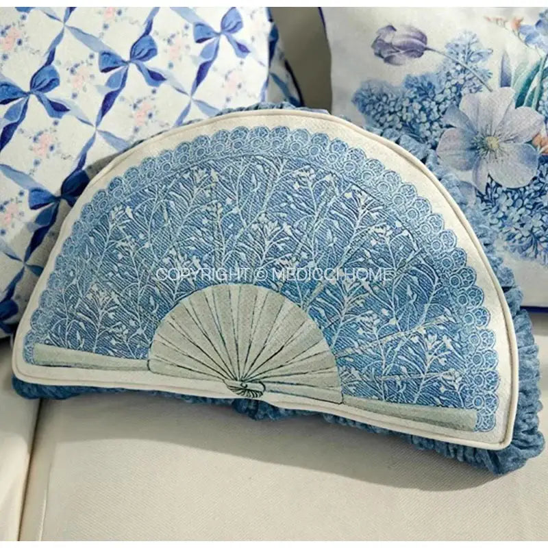 DecorBites™ Chinoiserie Blue Wavy Fan Pillowcase Bohemian Print Lumbar Cushion Cover