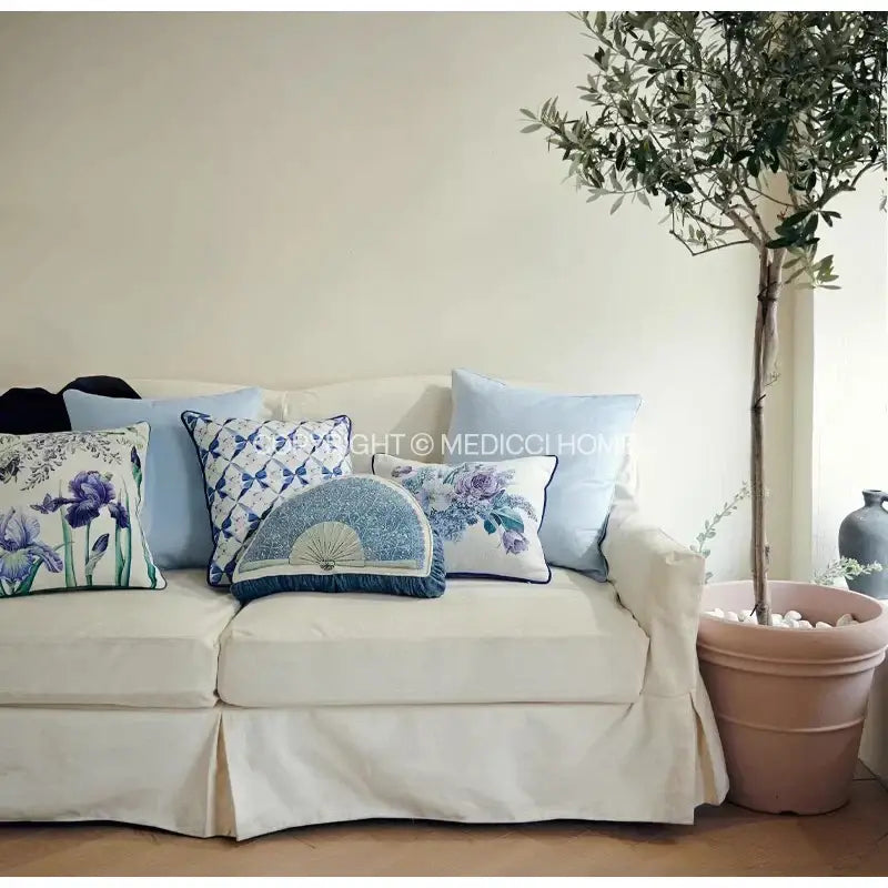 DecorBites™ Chinoiserie Blue Wavy Fan Pillowcase Bohemian Print Lumbar Cushion Cover