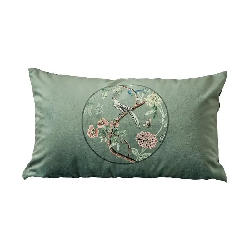 غطاء وسادة DecorBites™ Chinoiserie Lumbar بنقشة طائر وزهور - ديكور منزلي شرقي