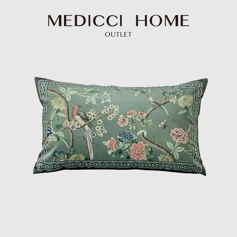 غطاء وسادة DecorBites™ Chinoiserie Lumbar بنقشة طائر وزهور - ديكور منزلي شرقي