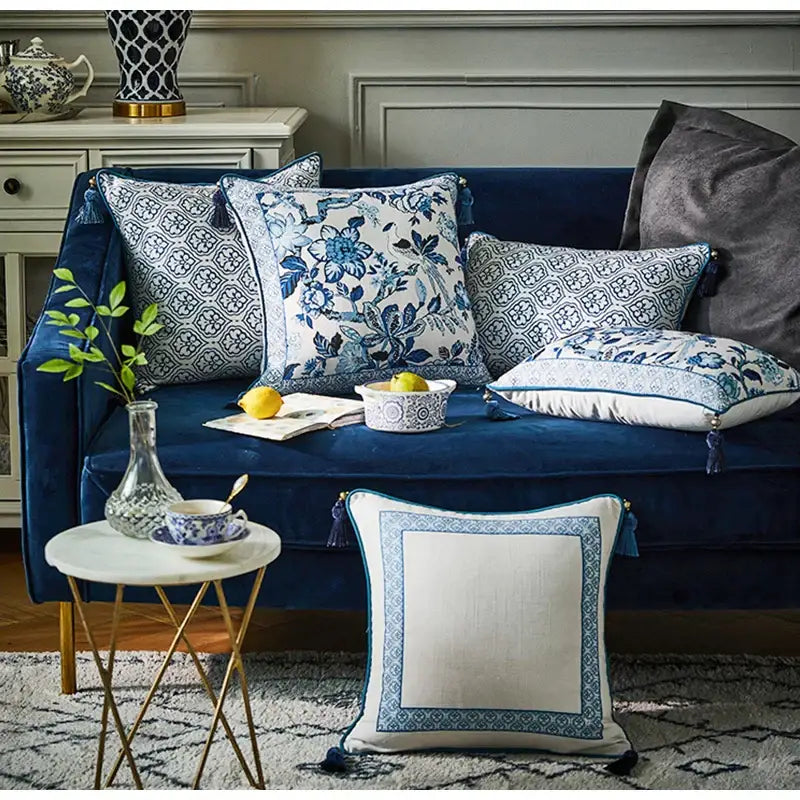 DecorBites™ Chinoiserie Style Blue White Porcelain Birds Floral Lumbar Pillow Case