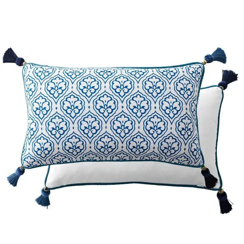 DecorBites™ Chinoiserie Style Blue White Porcelain Birds Floral Lumbar Pillow Case