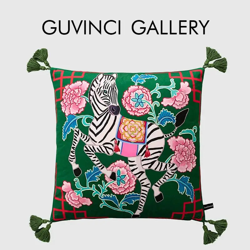 DecorBites™ Chinoiserie Zebra & Peonies Cushion Cover with Tassels