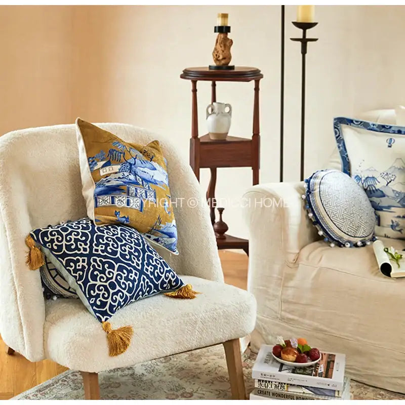 DecorBites™ Chintz Blue Cobalt Circular Throw Pillow Covers with Tassels - 35x35cm