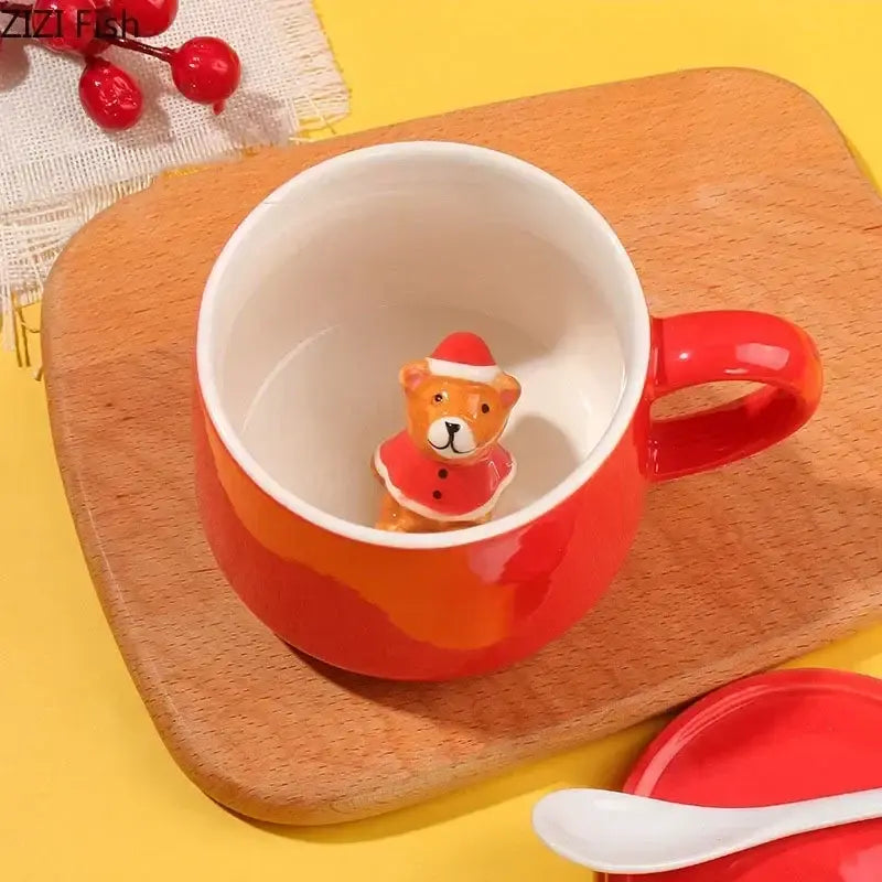 DecorBites™ Christmas Animals Ceramic Tea Cup Set Red Porcelain Mugs