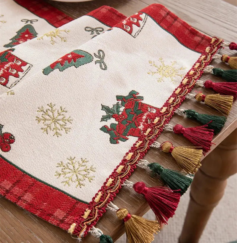 DecorBites™ Christmas Cartoon Jacquard Table Runner with Embroidered Tassel - Festive Dining Room Decor