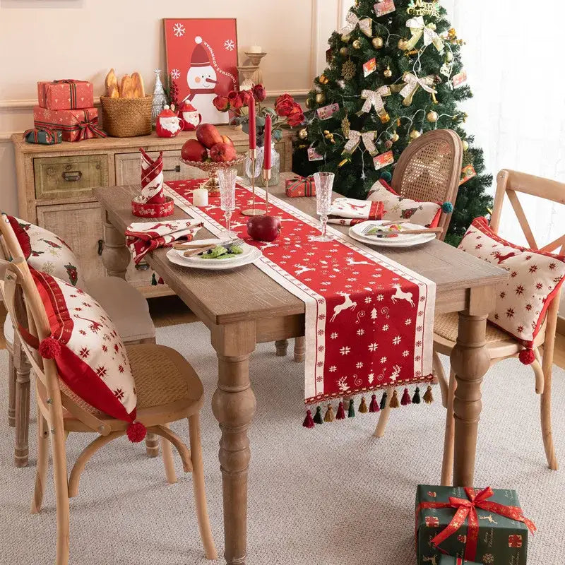 DecorBites™ Christmas Cartoon Jacquard Table Runner with Embroidered Tassel - Festive Dining Room Decor