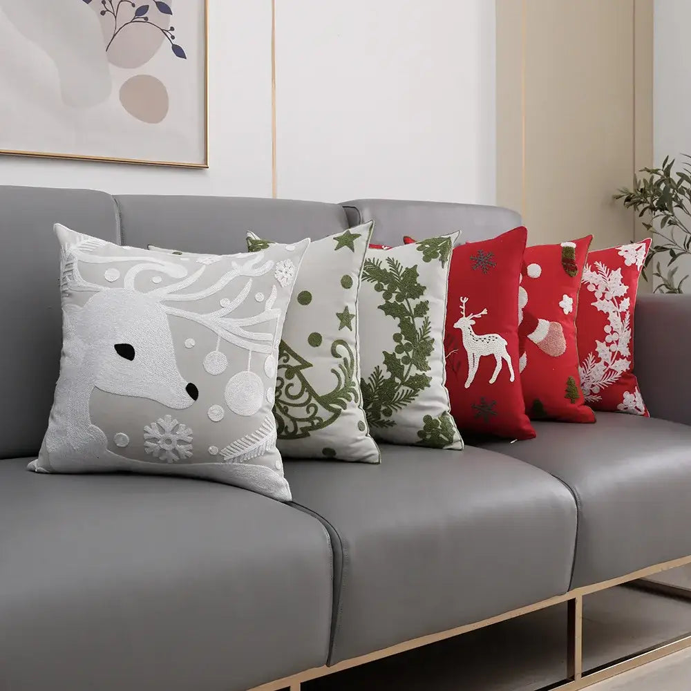 DecorBites™ Christmas Décor Cushion Cover 45x45cm Snowflake Deer Green Red Embroidery Pillow Cover
