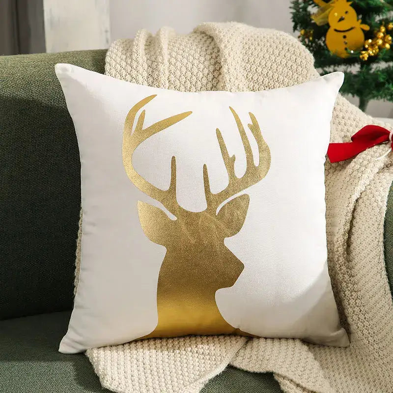 DecorBites™ Christmas Elk Embroidered Cushion Cover | Gold & Silver Stamped Holiday Decor