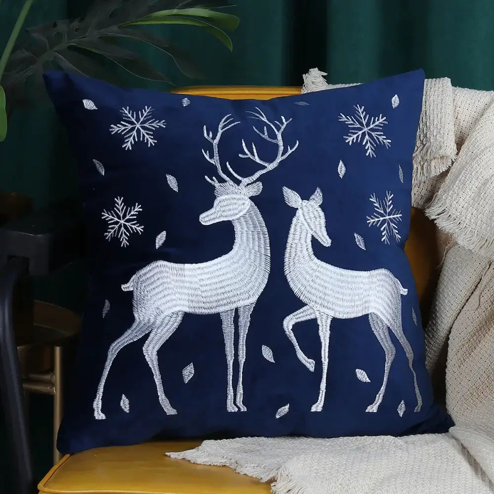 DecorBites™ Christmas Elk Embroidered Cushion Cover | Gold & Silver Stamped Holiday Decor