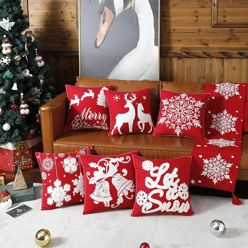 DecorBites™ Christmas Embroidered Cotton Canvas Pillow Covers Snowflake Elk Decor