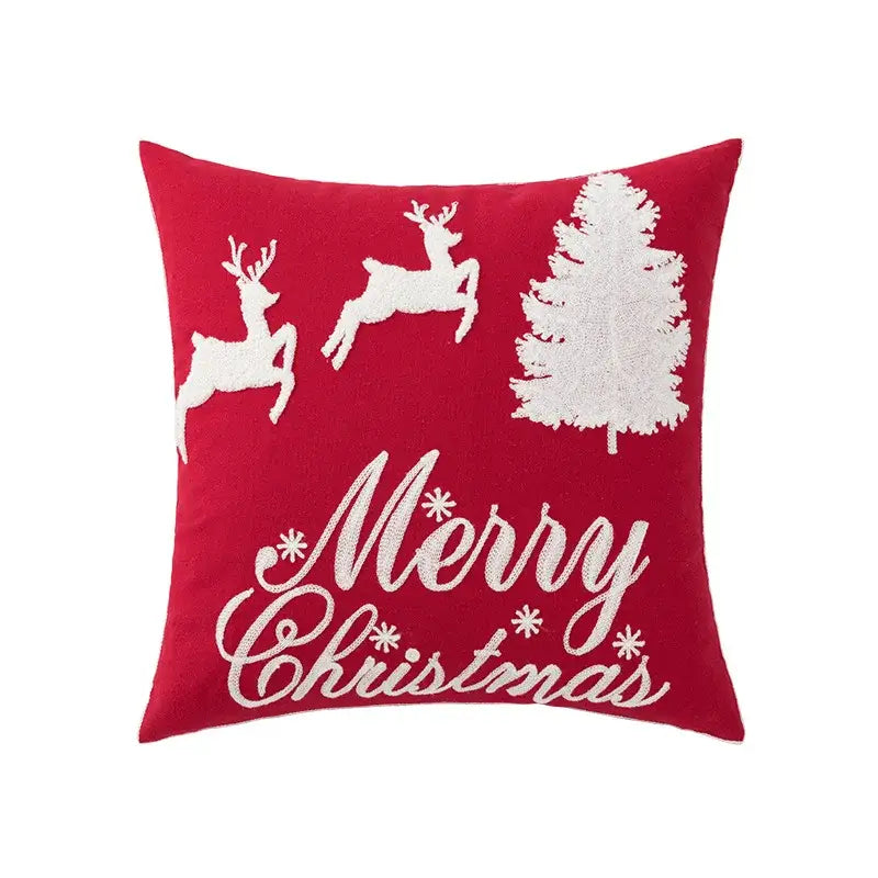 DecorBites™ Christmas Embroidered Cushion Cover 45x45cm - Red Green Santa Snowflake Deer Snowman