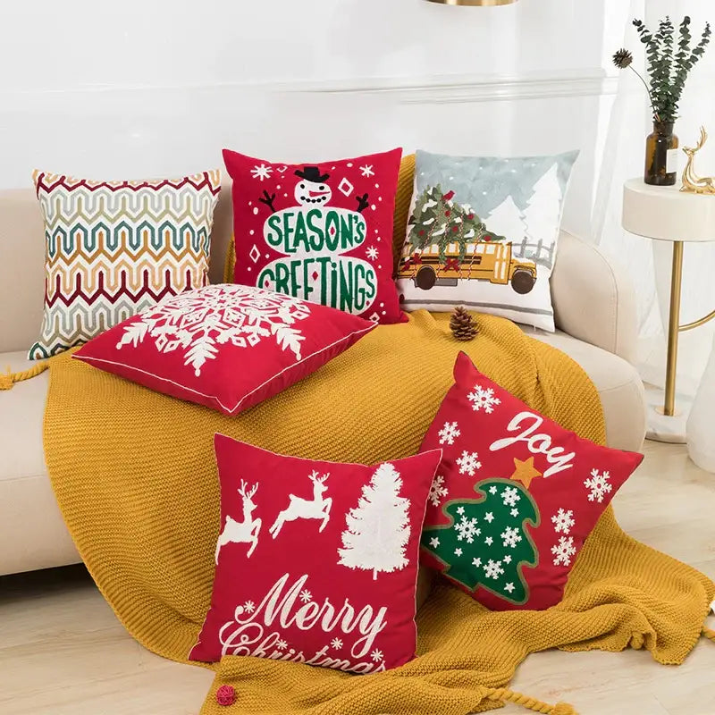 DecorBites™ Christmas Embroidered Cushion Cover 45x45cm - Red Green Santa Snowflake Deer Snowman