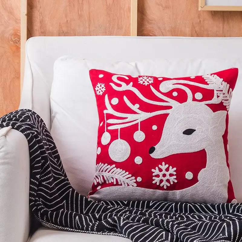 DecorBites™ Christmas Embroidered Cushion Cover Snowman Deer Santa Bell Snowflake Pillowcase