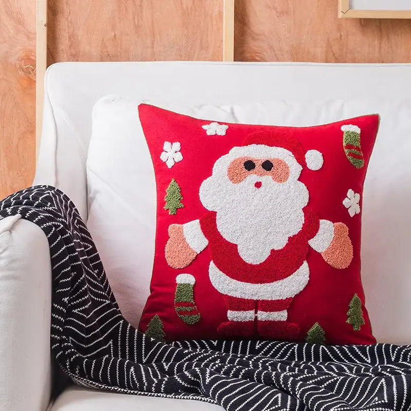 DecorBites™ Christmas Embroidered Cushion Cover Snowman Deer Santa Bell Snowflake Pillowcase