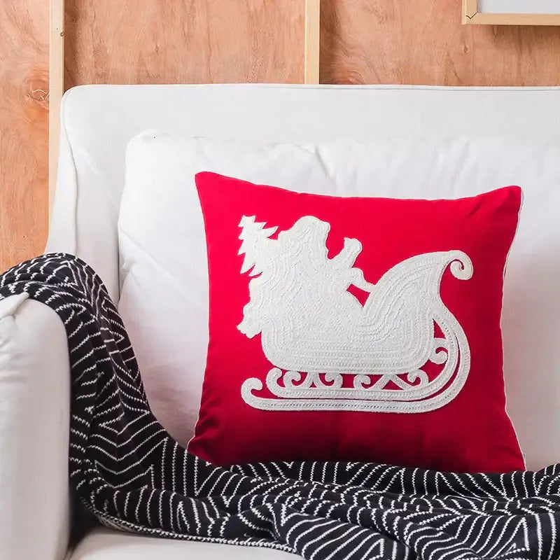 DecorBites™ Christmas Embroidered Cushion Cover Snowman Deer Santa Bell Snowflake Pillowcase
