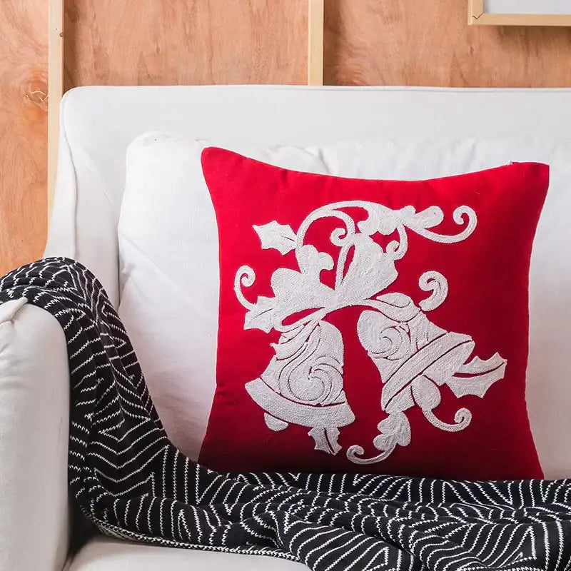 DecorBites™ Christmas Embroidered Cushion Cover Snowman Deer Santa Bell Snowflake Pillowcase