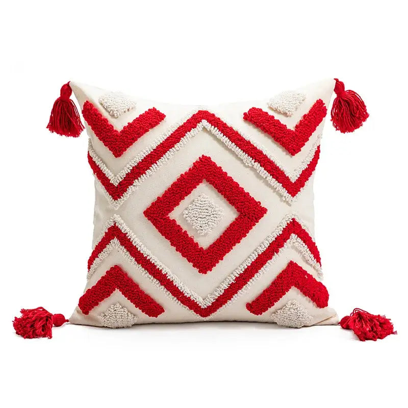 DecorBites™ Christmas Embroidered Red Geometric Cushion Cover - Festive Holiday Throw Pillow Cover