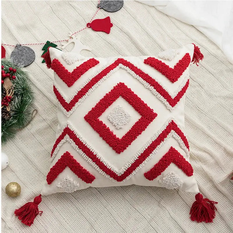 DecorBites™ Christmas Embroidered Red Geometric Cushion Cover - Festive Holiday Throw Pillow Cover