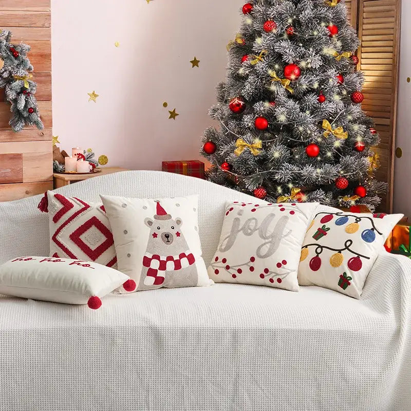 DecorBites™ Christmas Embroidered Red Geometric Cushion Cover - Festive Holiday Throw Pillow Cover