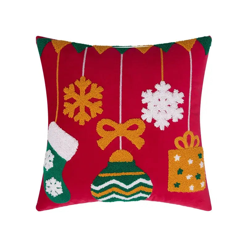 DecorBites™ Christmas Embroidered Red Geometric Pillow Cover for Festive Home Decor